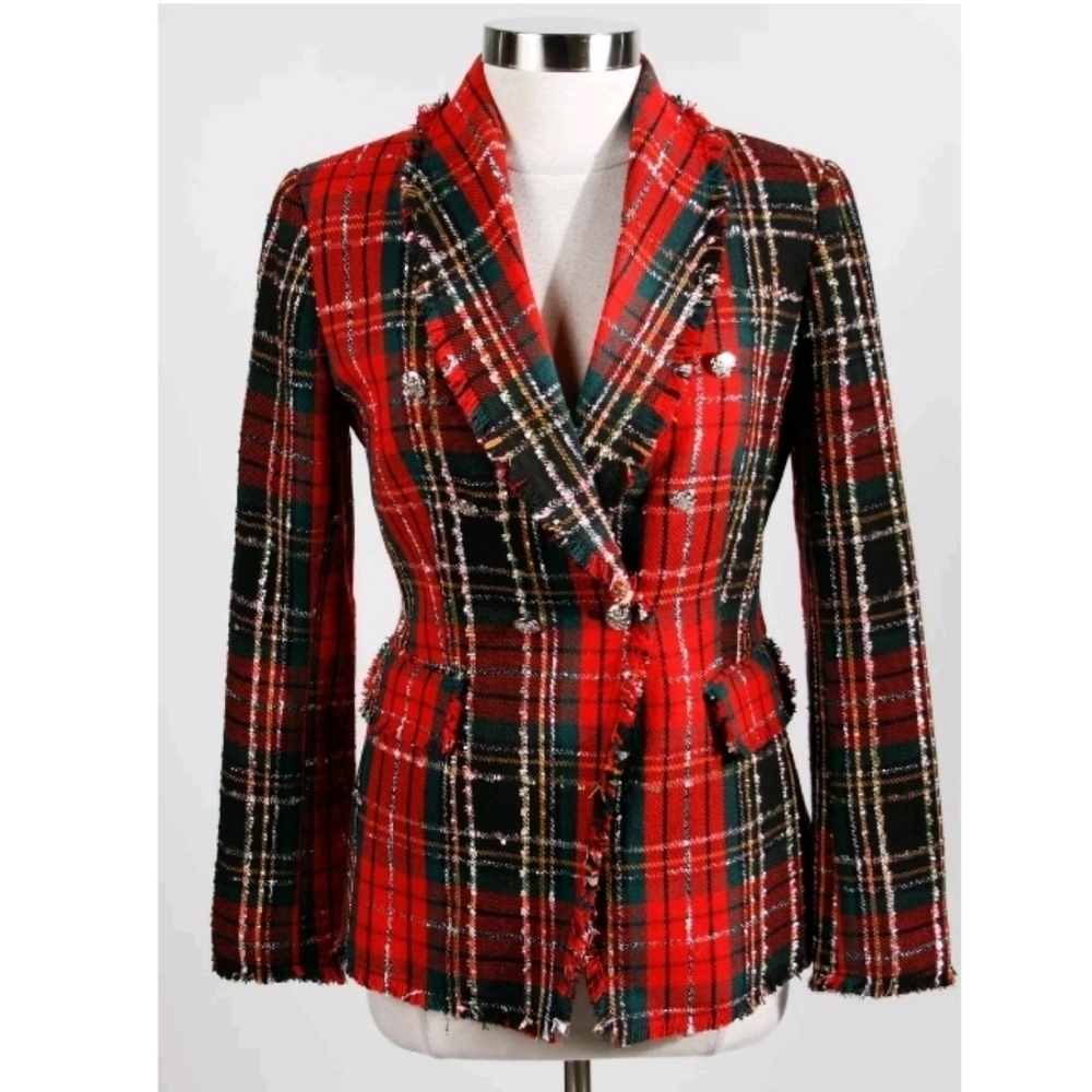 Rachel Zoe Plaid Frayed Double Breasted Blazer S - Picture 4 of 8